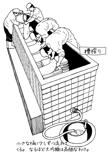 槽搾り/小さな桶に少しずつ流れ出てくる。なるほど大吟醸は高価なわけだ。