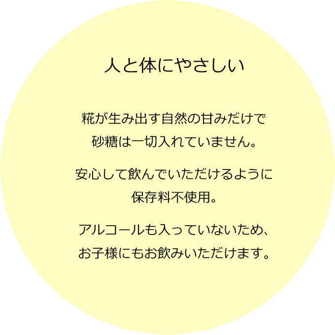人と体にやさしい 糀が生み出す自然の甘みだけで砂糖は一切入れていません。 安心して飲んでいただけるように無添加・保存料不使用。アルコールも入っていないため、お子様にもお飲みいただけます。